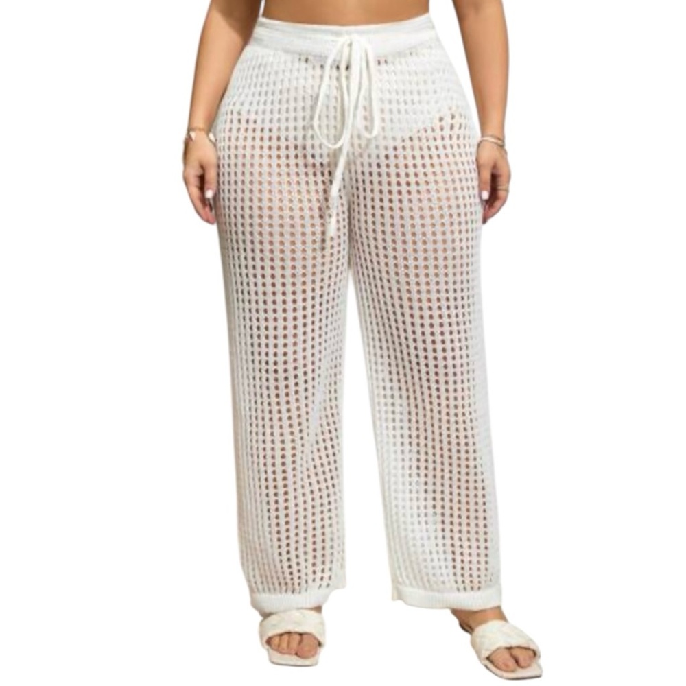 Shein White Crochet Open Weave Cover Up Pants Swim Beach M Hollow Out Pull On